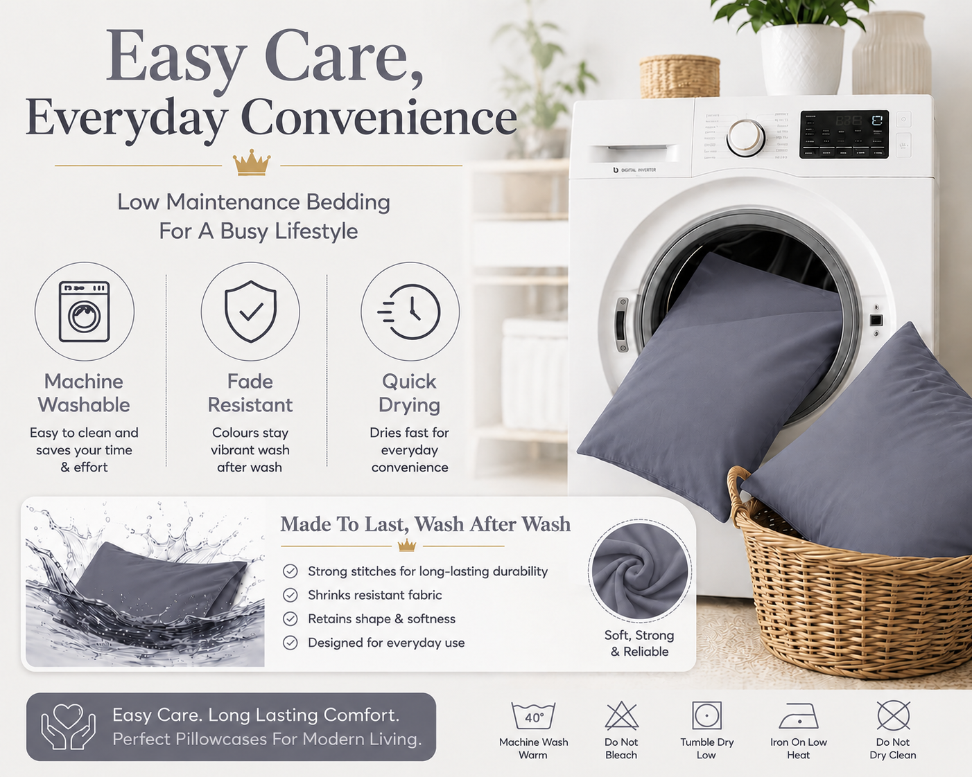 Housewife Polycotton Pillowcases Pair – Luxury Plain Dyed Easy Care Bedding | Night Zone