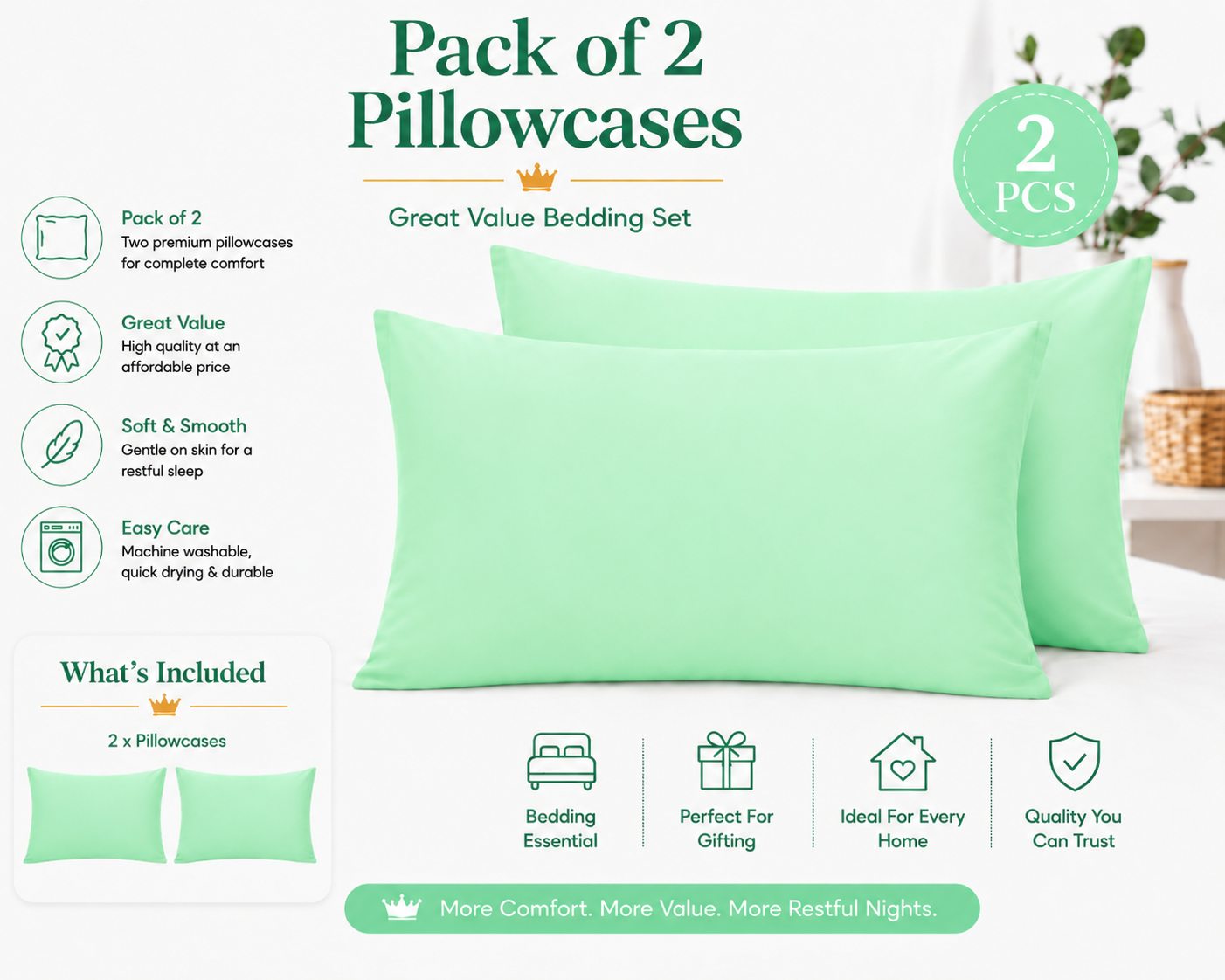 Housewife Polycotton Pillowcases Pair – Luxury Plain Dyed Easy Care Bedding | Night Zone