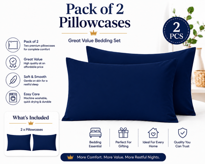 Housewife Polycotton Pillowcases Pair – Luxury Plain Dyed Easy Care Bedding | Night Zone