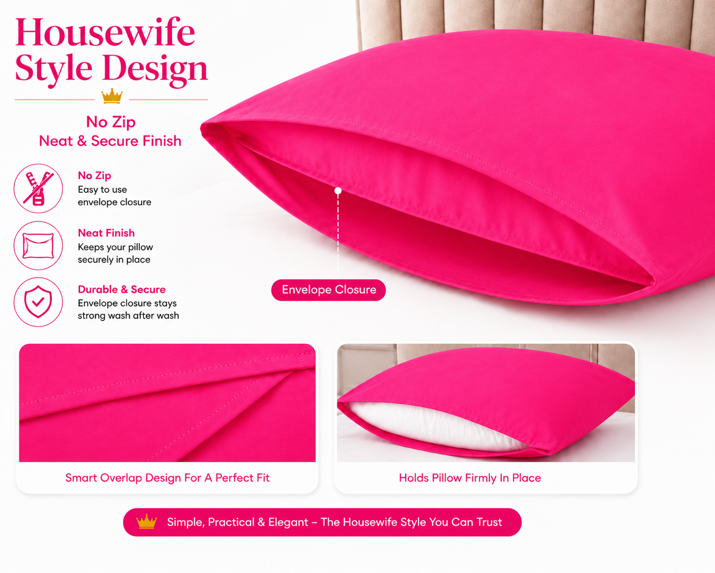 Housewife Polycotton Pillowcases Pair – Luxury Plain Dyed Easy Care Bedding | Night Zone