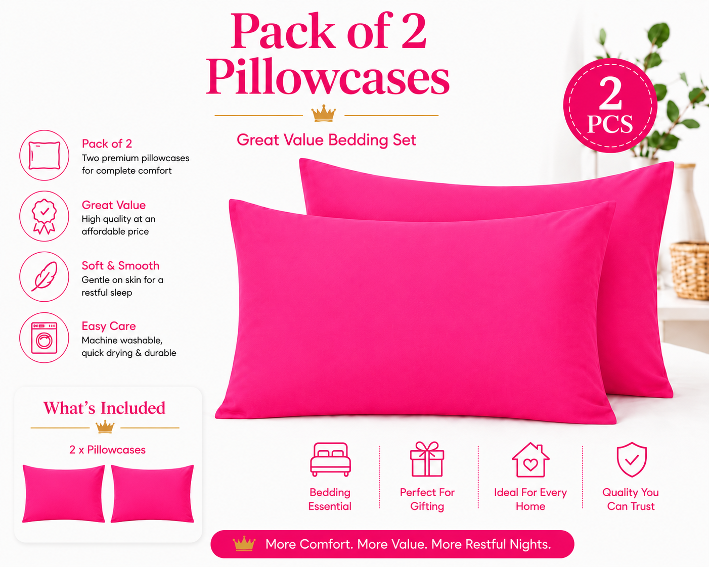 Housewife Polycotton Pillowcases Pair – Luxury Plain Dyed Easy Care Bedding | Night Zone