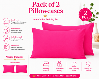Housewife Polycotton Pillowcases Pair – Luxury Plain Dyed Easy Care Bedding | Night Zone