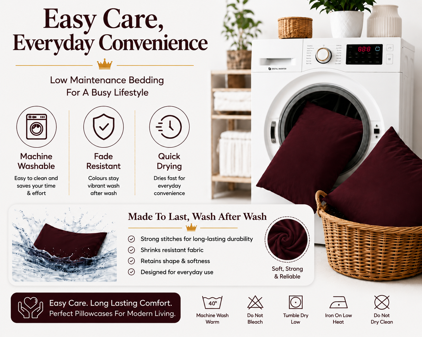 Housewife Polycotton Pillowcases Pair – Luxury Plain Dyed Easy Care Bedding | Night Zone