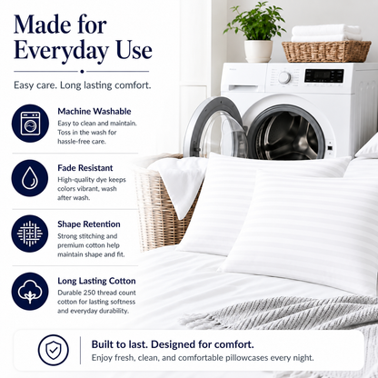 250 Thread Count Stripe Pillowcase Set – 100% Cotton Hotel Quality Bedding | Night Zone