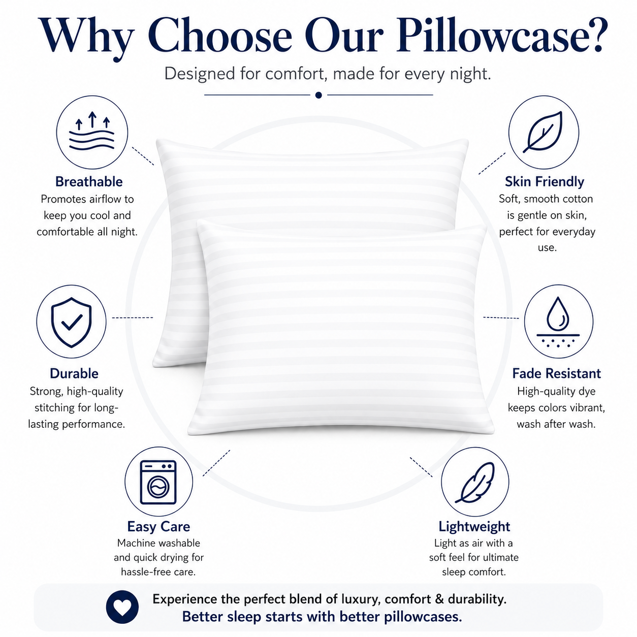 250 Thread Count Stripe Pillowcase Set – 100% Cotton Hotel Quality Bedding | Night Zone