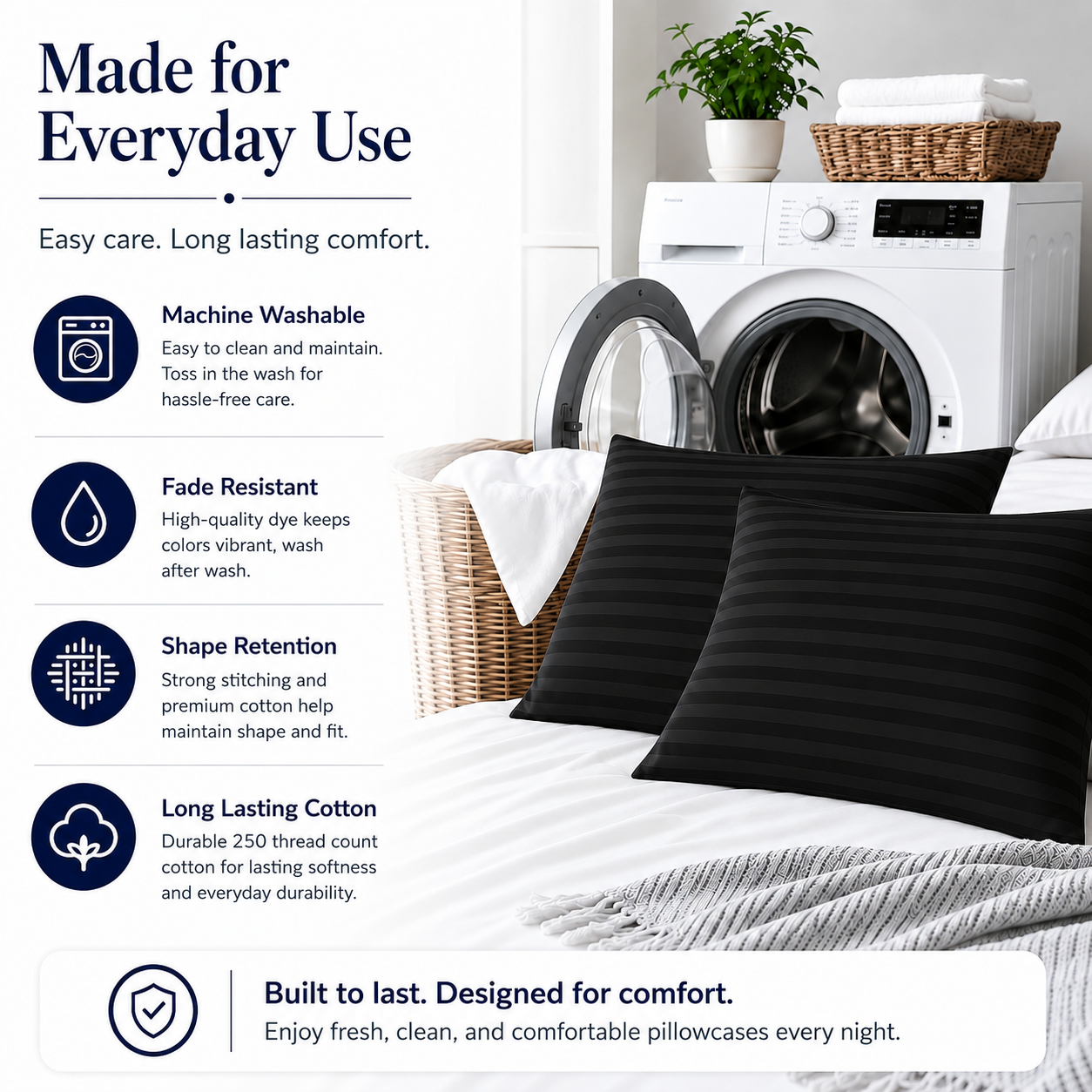 250 Thread Count Stripe Pillowcase Set – 100% Cotton Hotel Quality Bedding | Night Zone