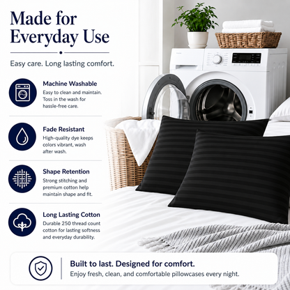 250 Thread Count Stripe Pillowcase Set – 100% Cotton Hotel Quality Bedding | Night Zone
