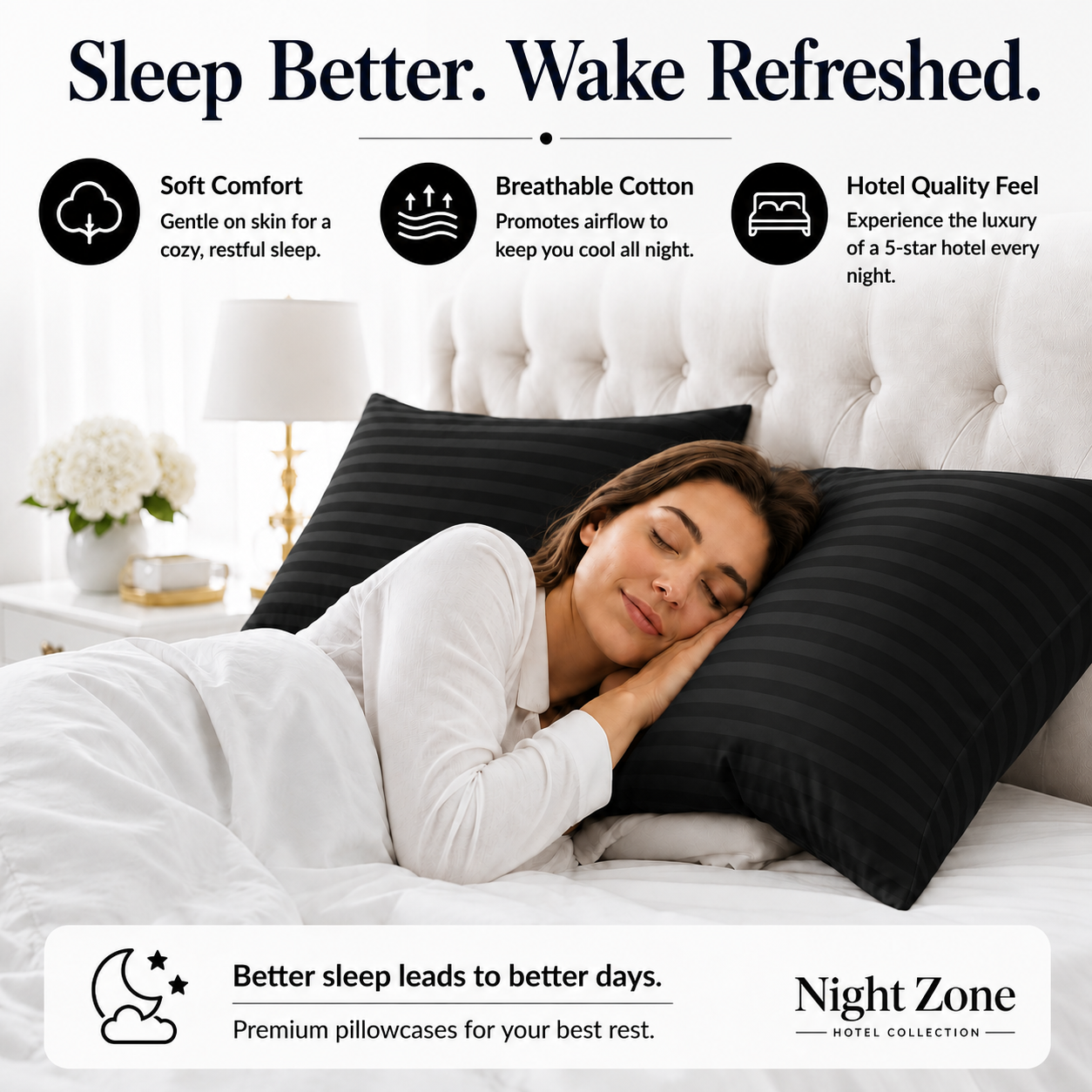 250 Thread Count Stripe Pillowcase Set – 100% Cotton Hotel Quality Bedding | Night Zone