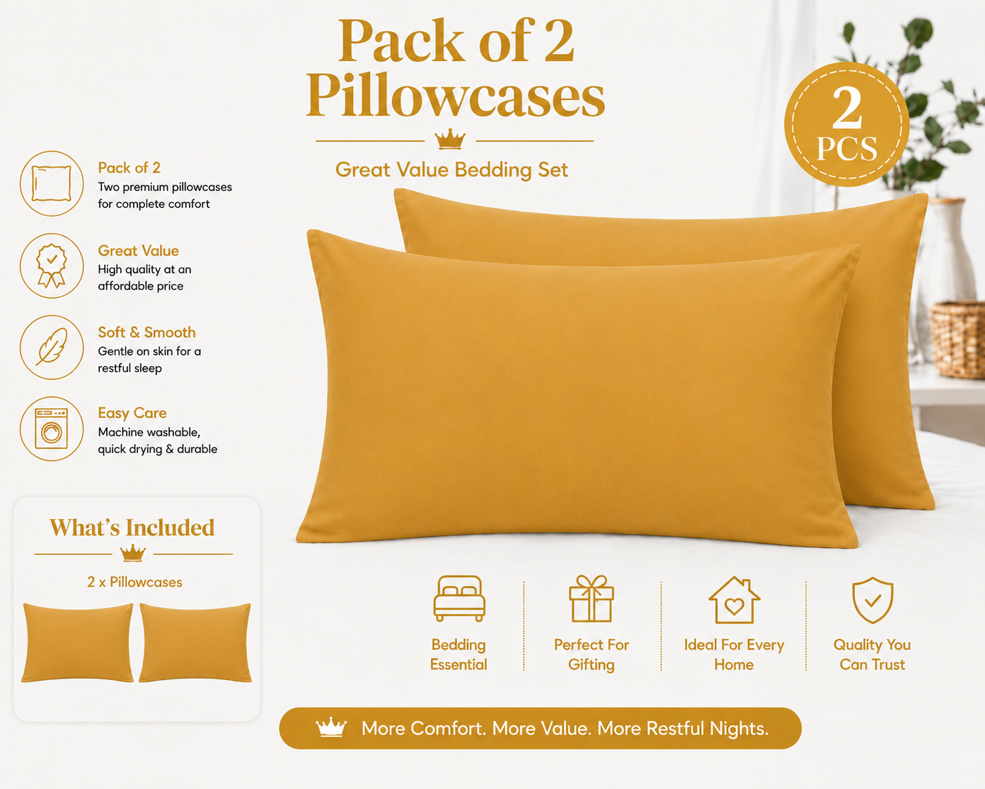 Housewife Polycotton Pillowcases Pair – Luxury Plain Dyed Easy Care Bedding | Night Zone