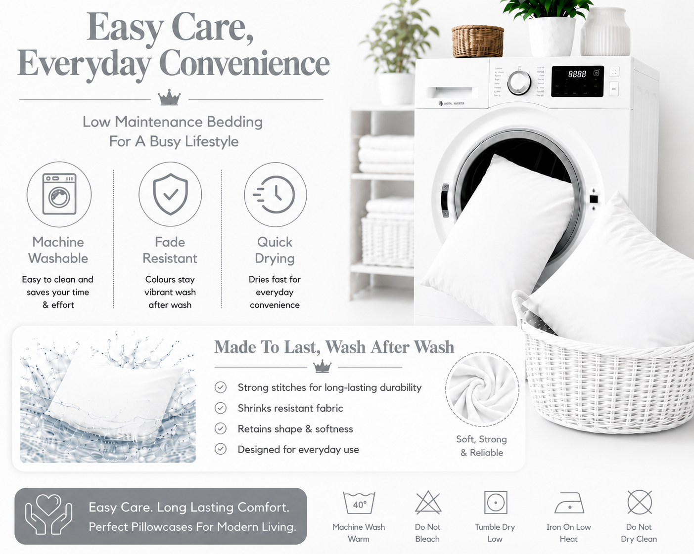 Housewife Polycotton Pillowcases Pair – Luxury Plain Dyed Easy Care Bedding | Night Zone