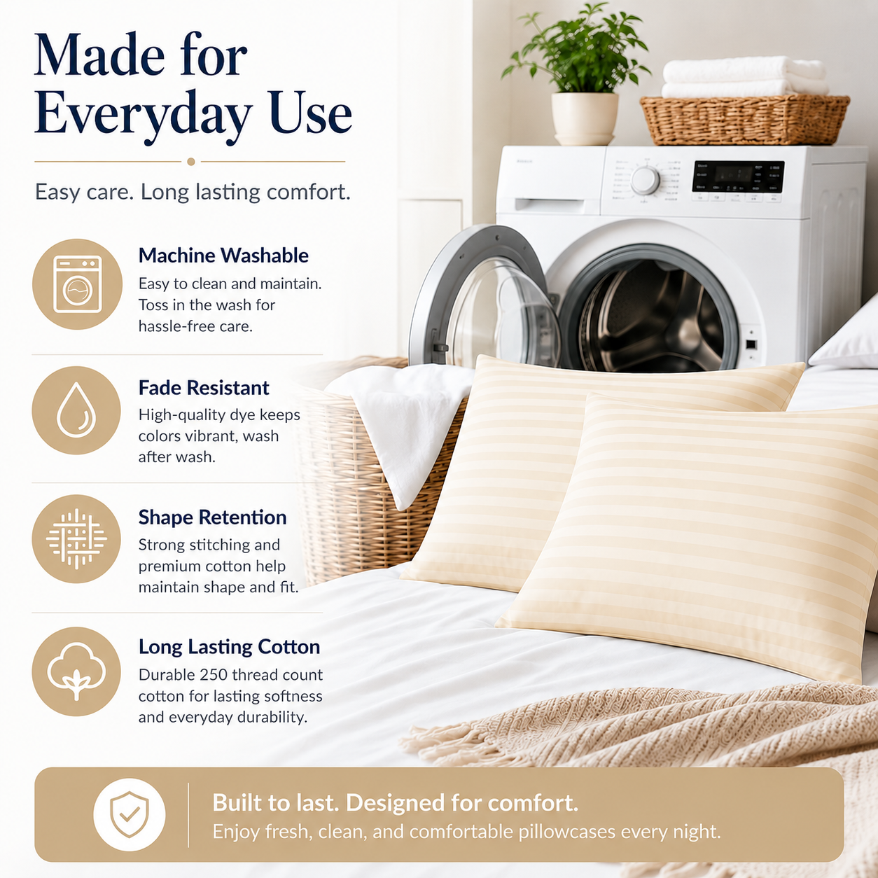 250 Thread Count Stripe Pillowcase Set – 100% Cotton Hotel Quality Bedding | Night Zone