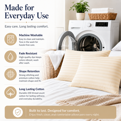 250 Thread Count Stripe Pillowcase Set – 100% Cotton Hotel Quality Bedding | Night Zone