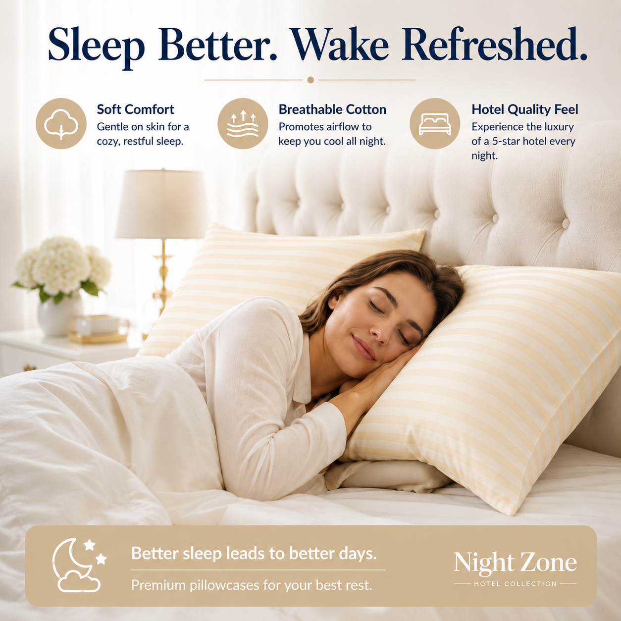 250 Thread Count Stripe Pillowcase Set – 100% Cotton Hotel Quality Bedding | Night Zone
