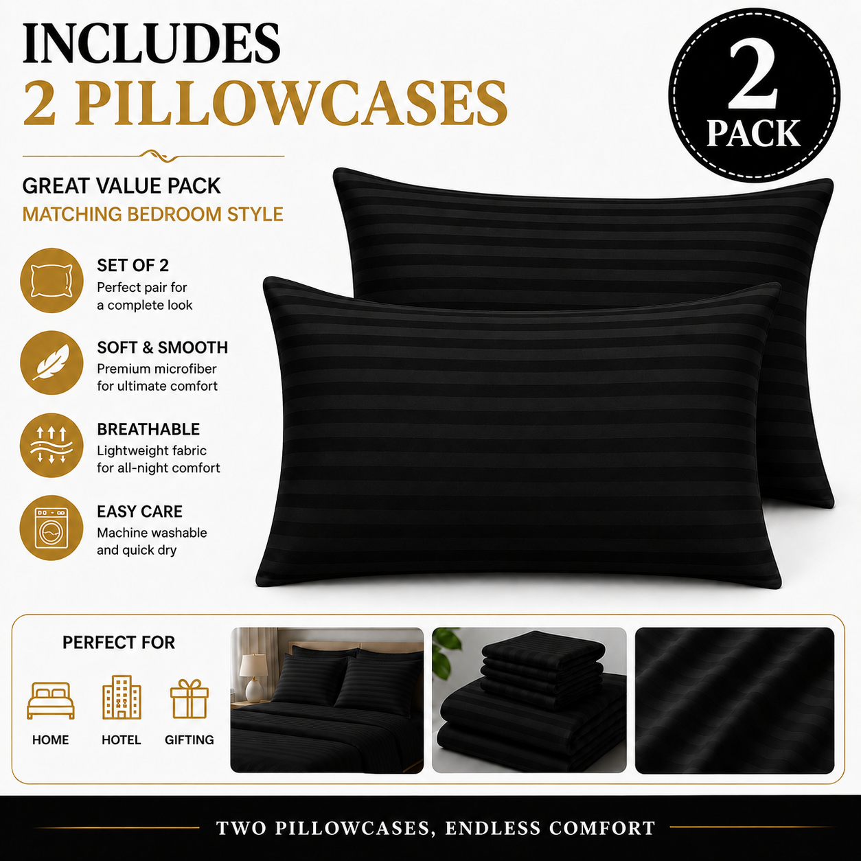 Microfiber Stripe Pillowcase Set of 2 – Soft Hotel Quality Bedding | Night Zone