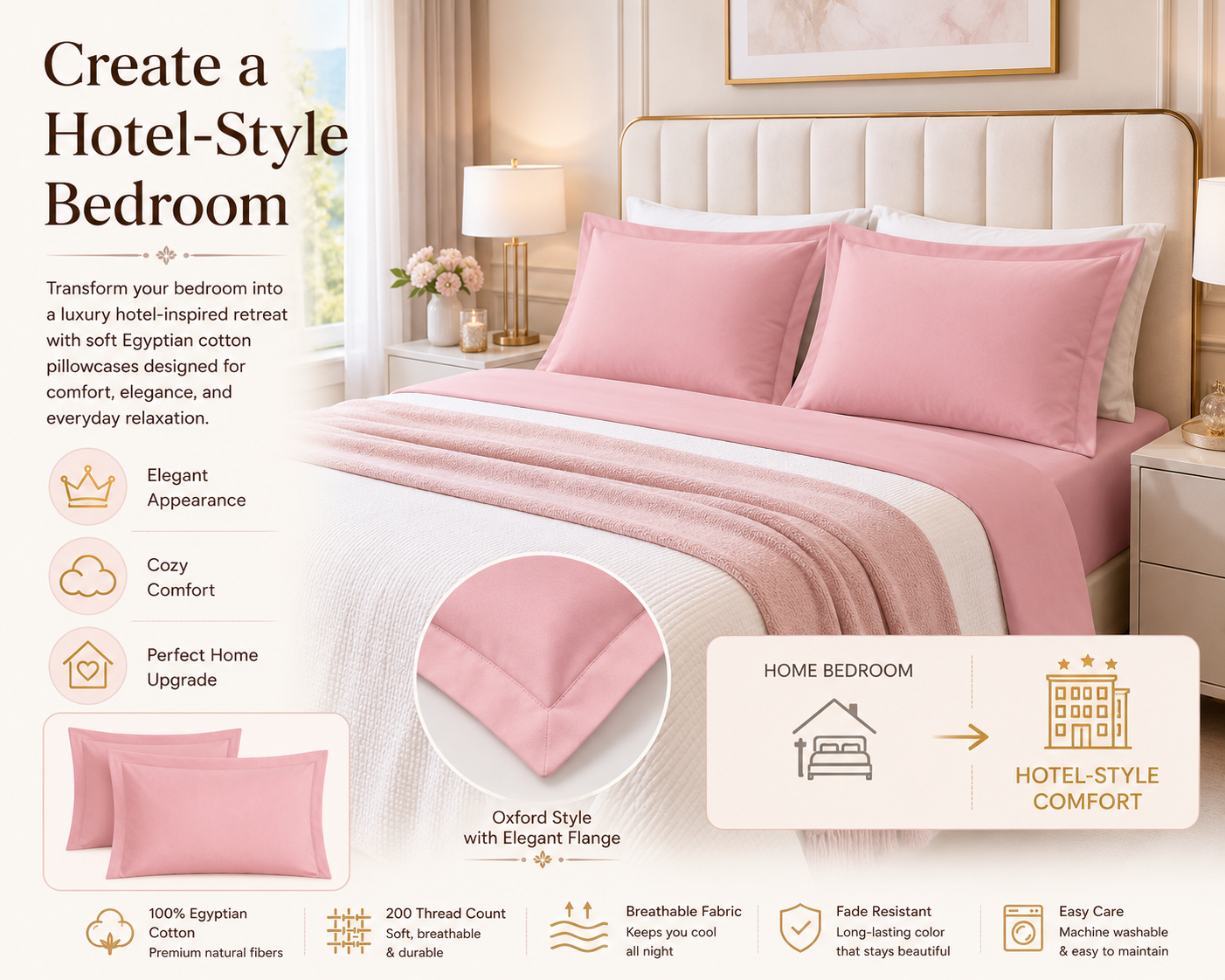 200 Thread Count Egyptian Cotton Pillowcases Pair – Hotel Quality Bedding | Night Zone