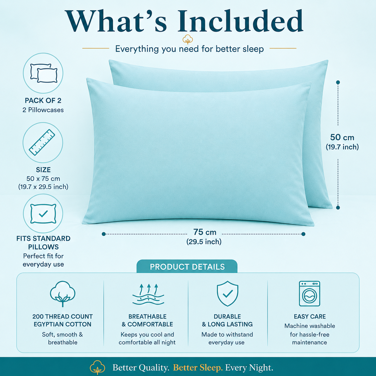 200 Thread Count Egyptian Cotton Pillowcases Pair – Hotel Quality Bedding | Night Zone