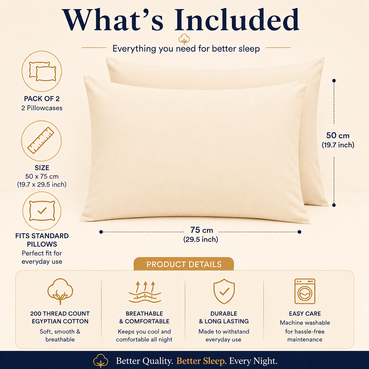 200 Thread Count Egyptian Cotton Pillowcases Pair – Hotel Quality Bedding | Night Zone