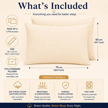 200 Thread Count Egyptian Cotton Pillowcases Pair – Hotel Quality Bedding | Night Zone