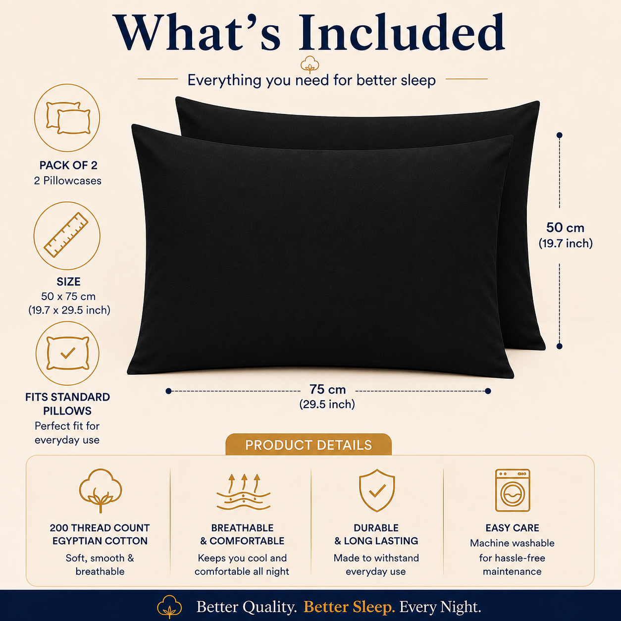 200 Thread Count Egyptian Cotton Pillowcases Pair – Hotel Quality Bedding | Night Zone