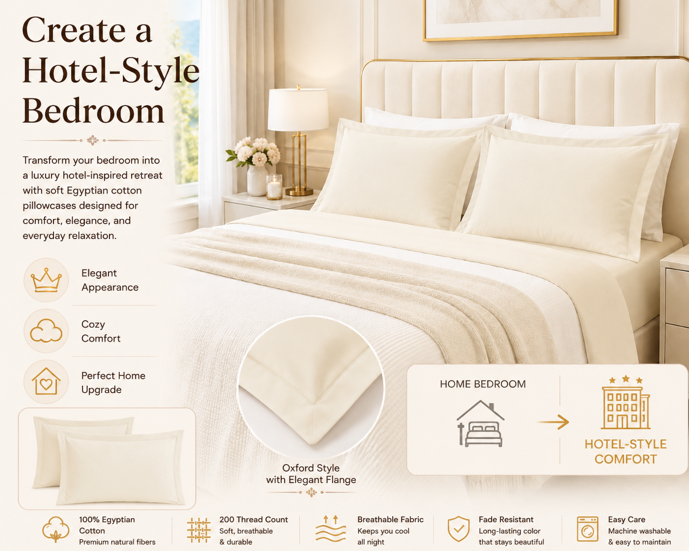 200 Thread Count Egyptian Cotton Pillowcases Pair – Hotel Quality Bedding | Night Zone