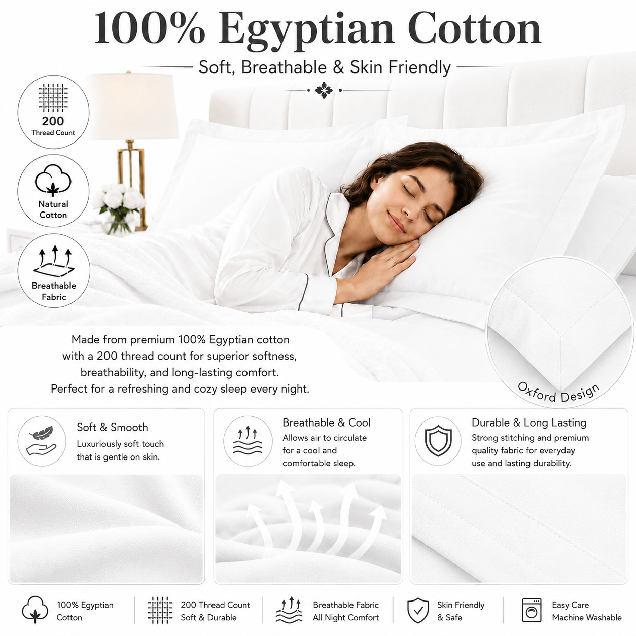200 Thread Count Egyptian Cotton Pillowcases Pair – Hotel Quality Bedding | Night Zone