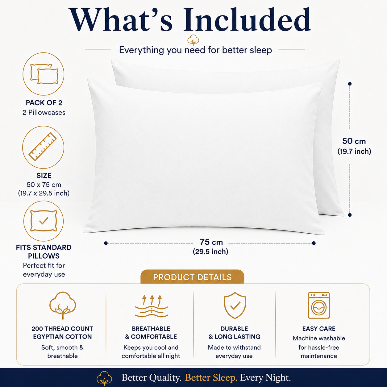 200 Thread Count Egyptian Cotton Pillowcases Pair – Hotel Quality Bedding | Night Zone
