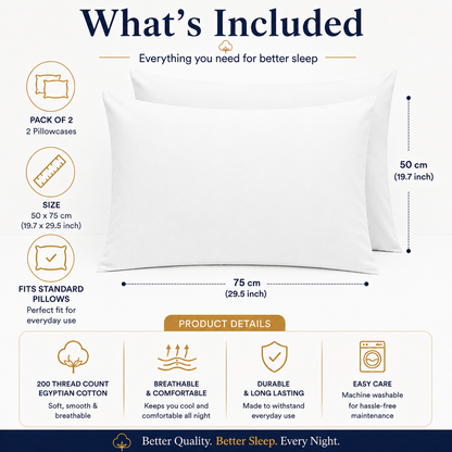 200 Thread Count Egyptian Cotton Pillowcases Pair – Hotel Quality Bedding | Night Zone