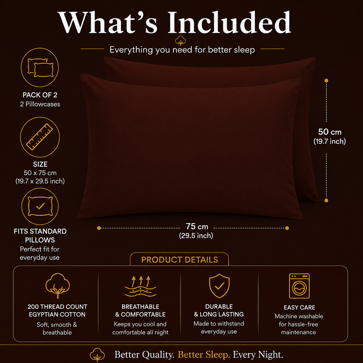 200 Thread Count Egyptian Cotton Pillowcases Pair – Hotel Quality Bedding | Night Zone