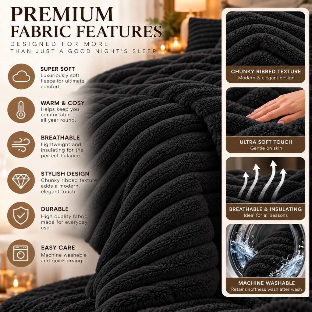 Night Zone Chunky Super Soft Duvet Cover Set - Black