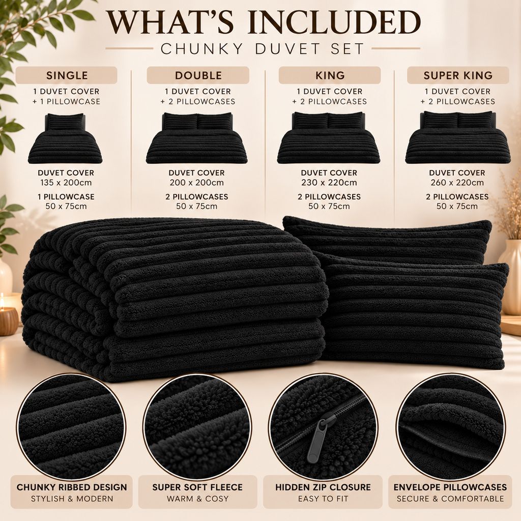Night Zone Chunky Super Soft Duvet Cover Set - Black