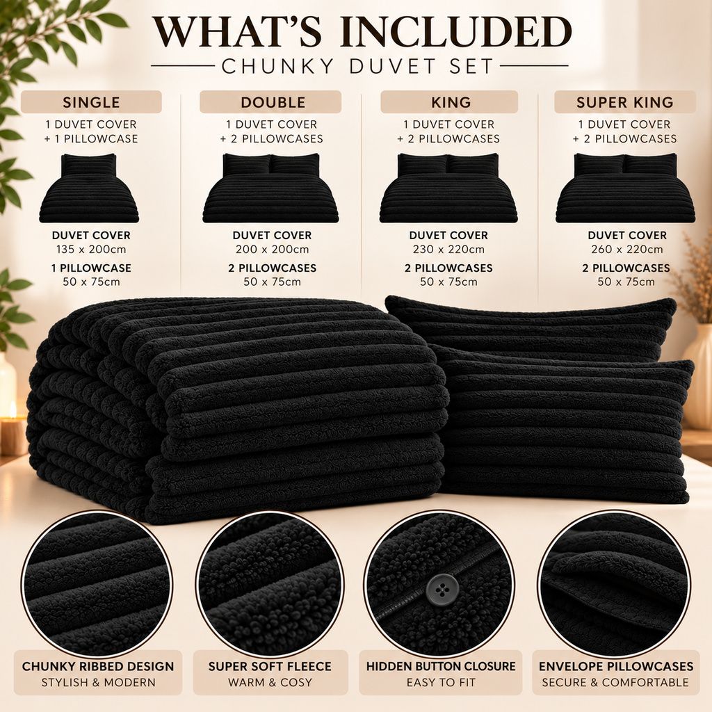 Night Zone Chunky Super Soft Duvet Cover Set - Black