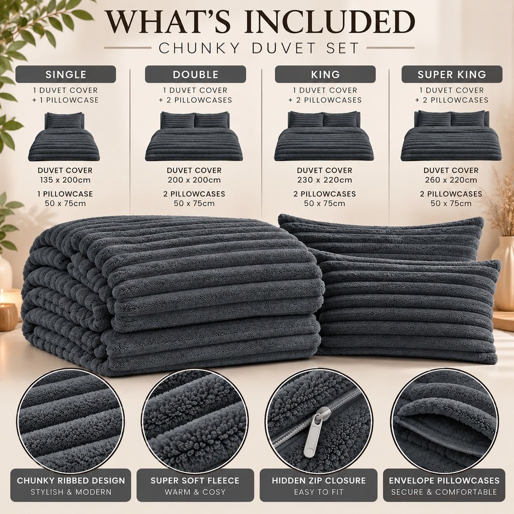 Night Zone Chunky Super Soft Duvet Cover Set - Charcoal