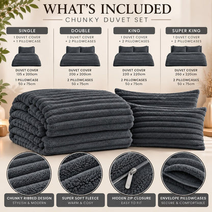 Night Zone Chunky Super Soft Duvet Cover Set - Charcoal