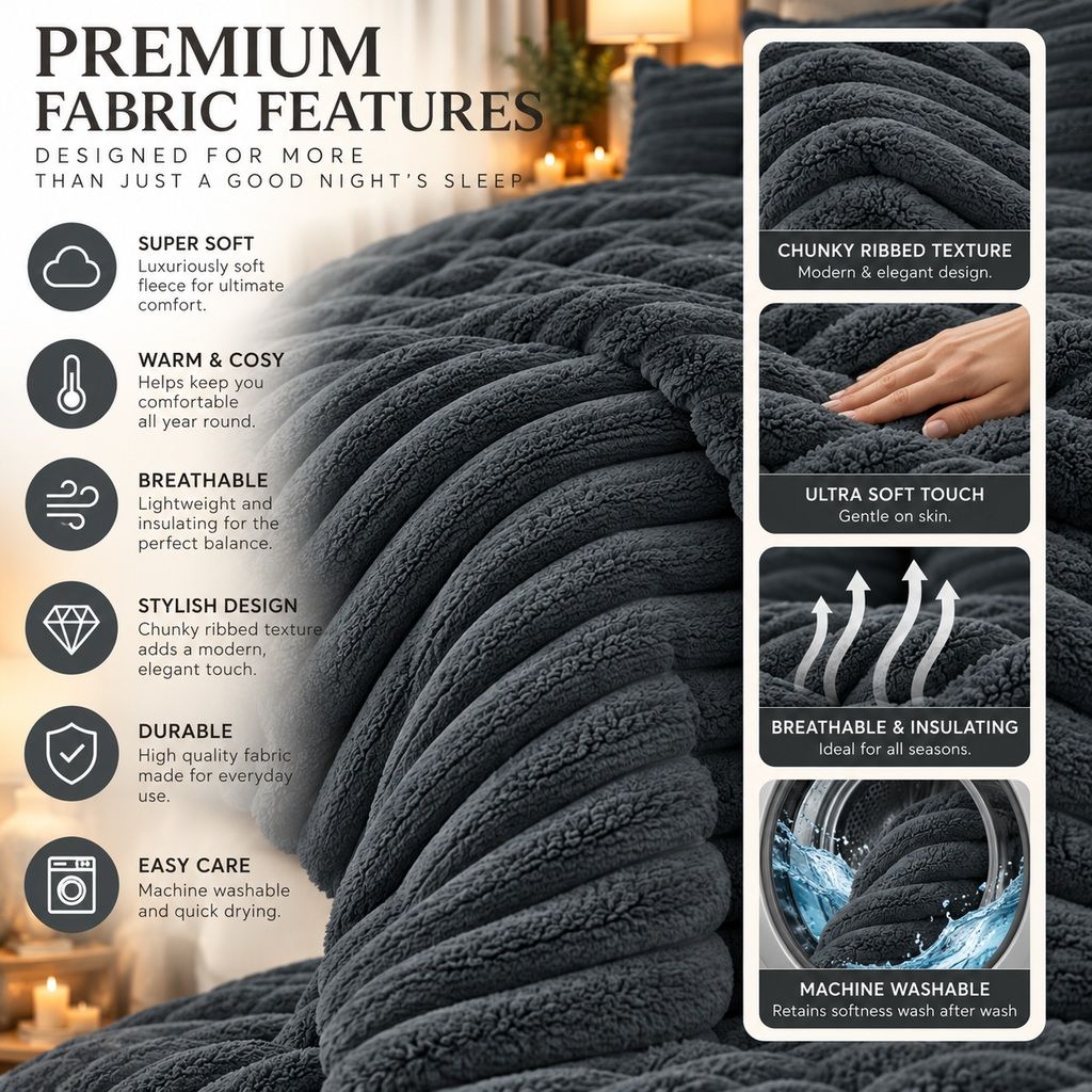 Night Zone Chunky Super Soft Duvet Cover Set - Charcoal