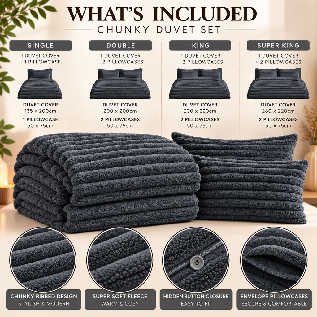 Night Zone Chunky Super Soft Duvet Cover Set - Charcoal