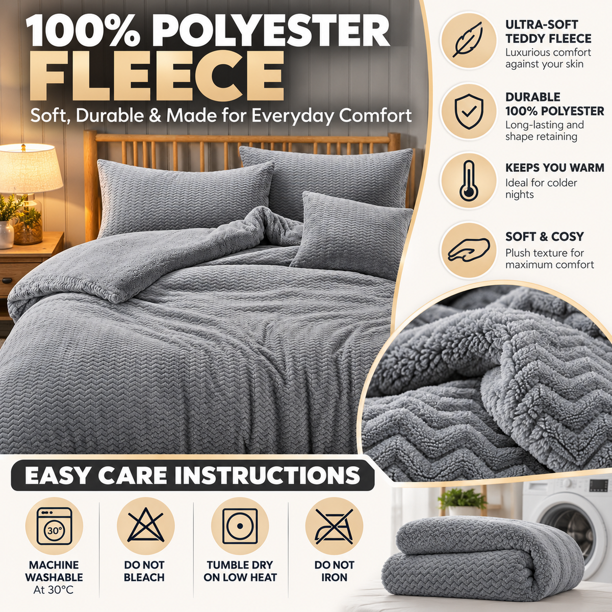 Teddy Fleece Waves Duvet Cover Set with Matching Cushion Covers | Night Zone