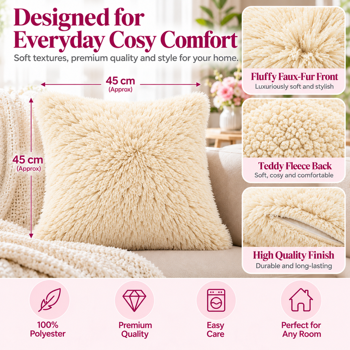 Teddy Hug Fleece Cushion Cover – Soft Fluffy Snug Cuddle Cushion Cover | Night Zone