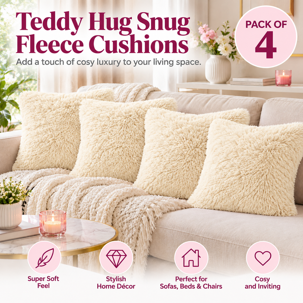 Teddy Hug Fleece Cushion Cover – Soft Fluffy Snug Cuddle Cushion Cover | Night Zone