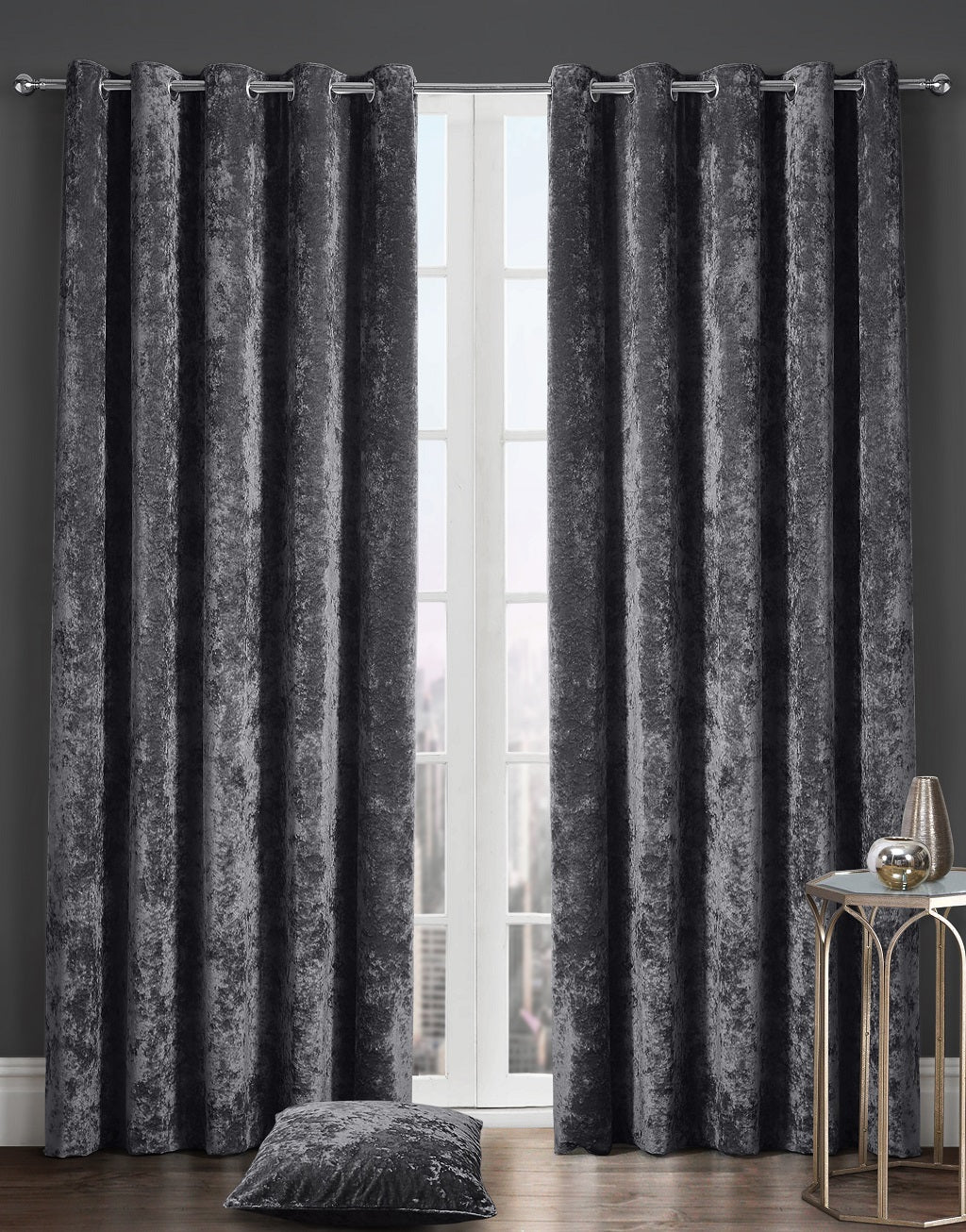 Crushed Velvet Eyelet Lined Curtains – Luxury Ready Made Window Curtains | Night Zone