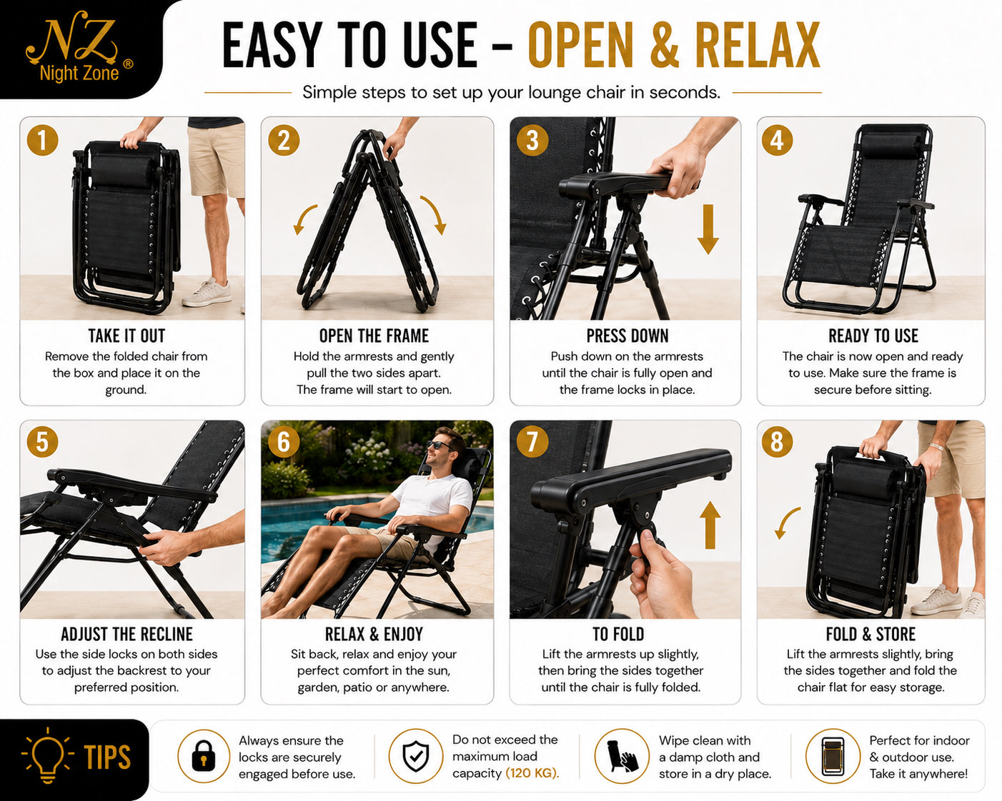Zero Gravity Folding Sun Lounger Chair – Adjustable Reclining Garden Chair with Headrest | Night Zone