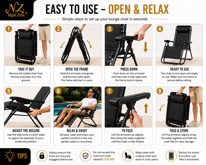 Zero Gravity Folding Sun Lounger Chair – Adjustable Reclining Garden Chair with Headrest | Night Zone