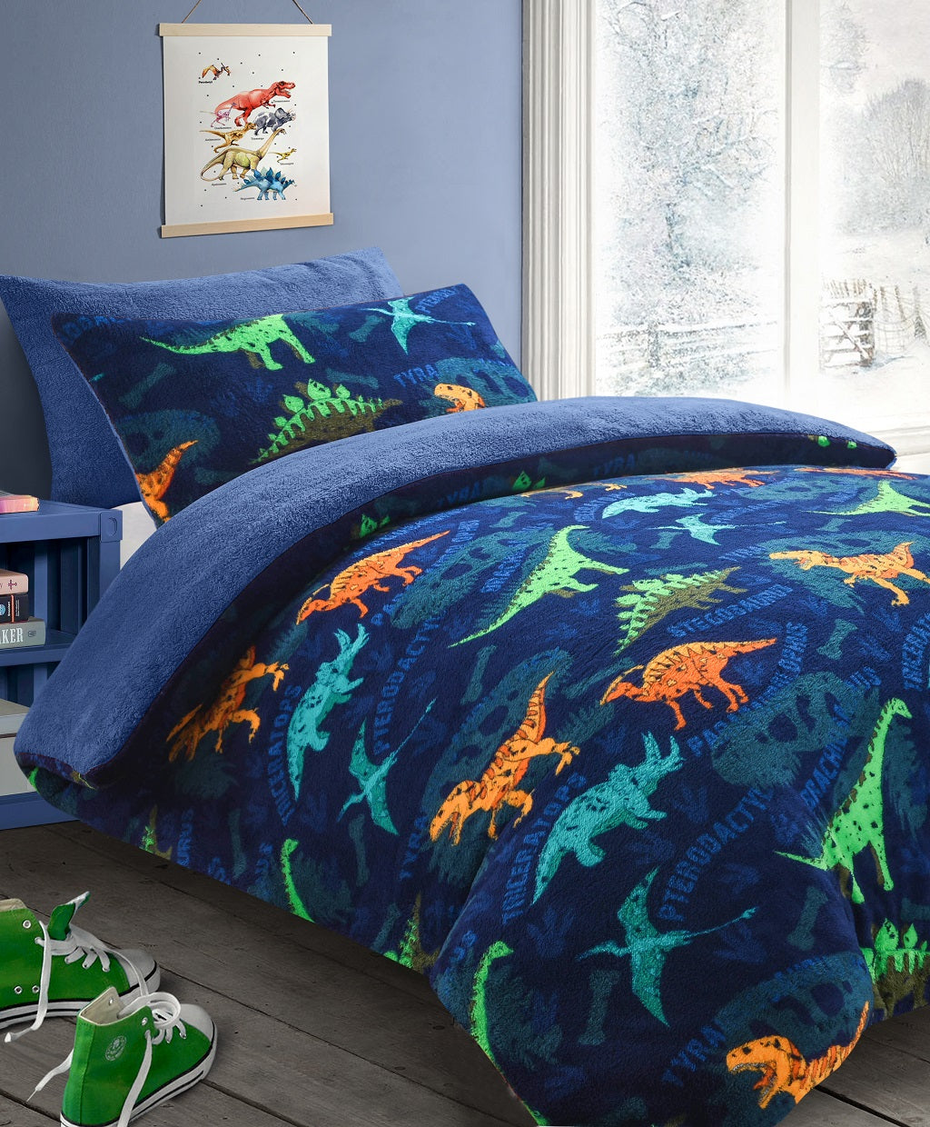 Dinosaur Teddy Bear Fleece Duvet Cover Set – Soft Cosy Kids Bedding | Night Zone