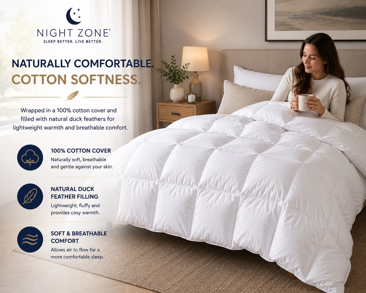 Duck Feather & Down Duvet – 100% Cotton Cover Luxury Quilt | Night Zone