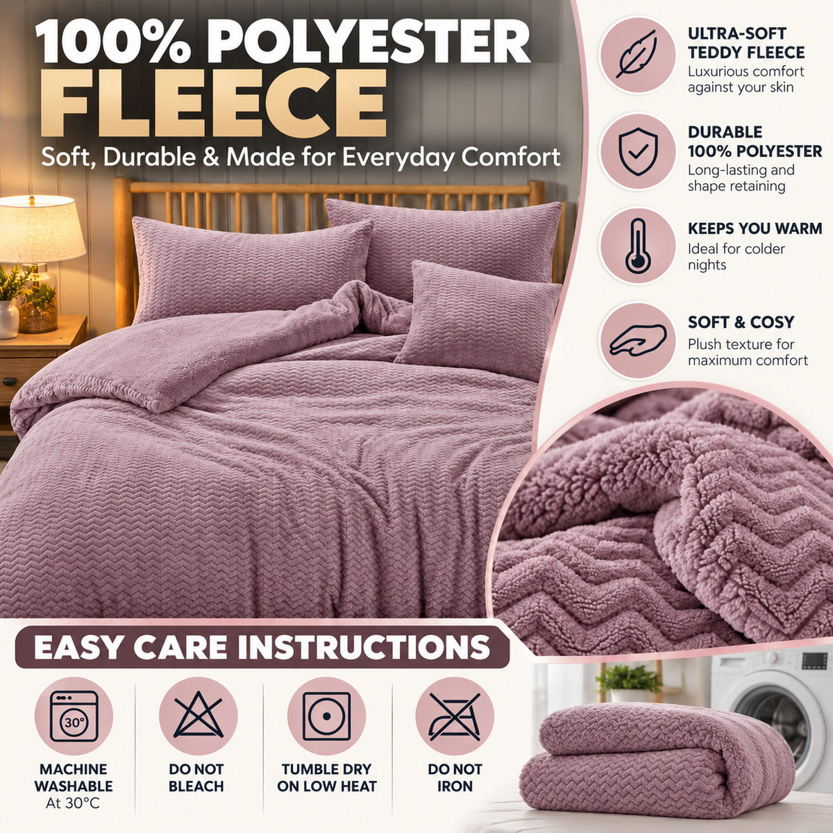 Teddy Fleece Waves Duvet Cover Set with Matching Cushion Covers | Night Zone