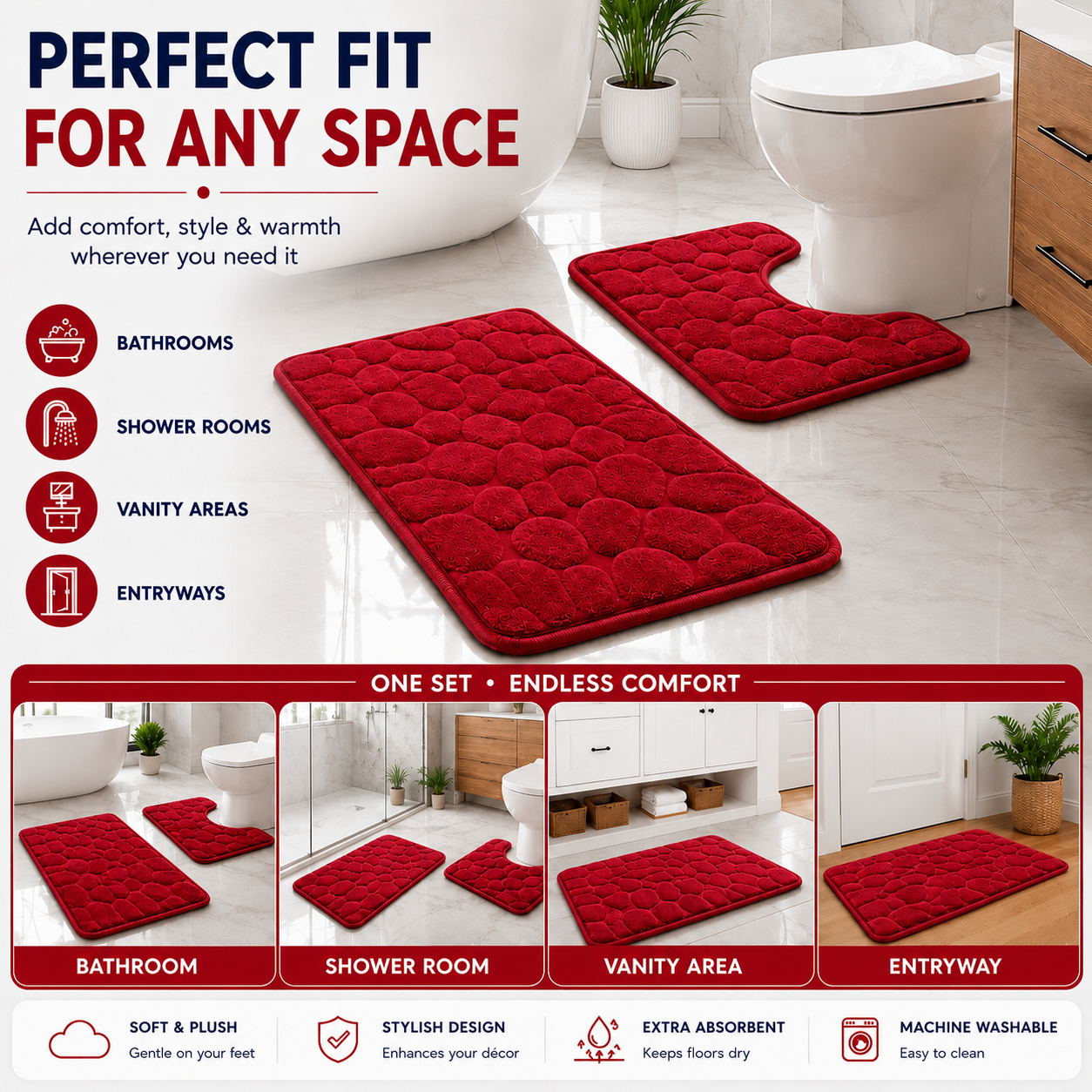Pebble Stone Bath Mat Set – Soft Absorbent Non Slip Bathroom Rug Set | Night Zone