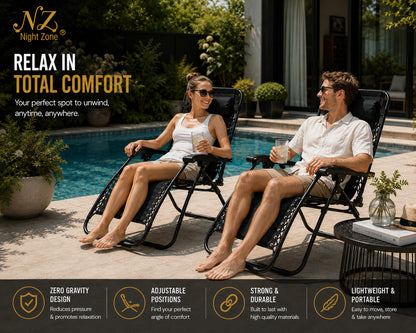 Zero Gravity Folding Sun Lounger Chair – Adjustable Reclining Garden Chair with Headrest | Night Zone