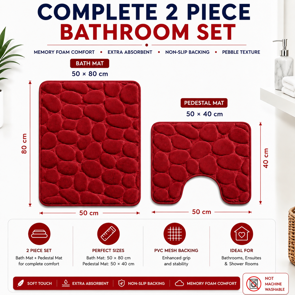 Pebble Stone Bath Mat Set – Soft Absorbent Non Slip Bathroom Rug Set | Night Zone
