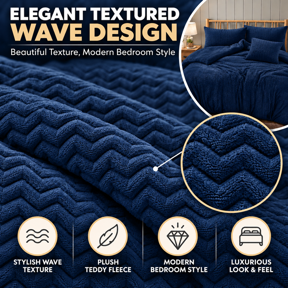 Teddy Fleece Waves Duvet Cover Set with Matching Cushion Covers | Night Zone