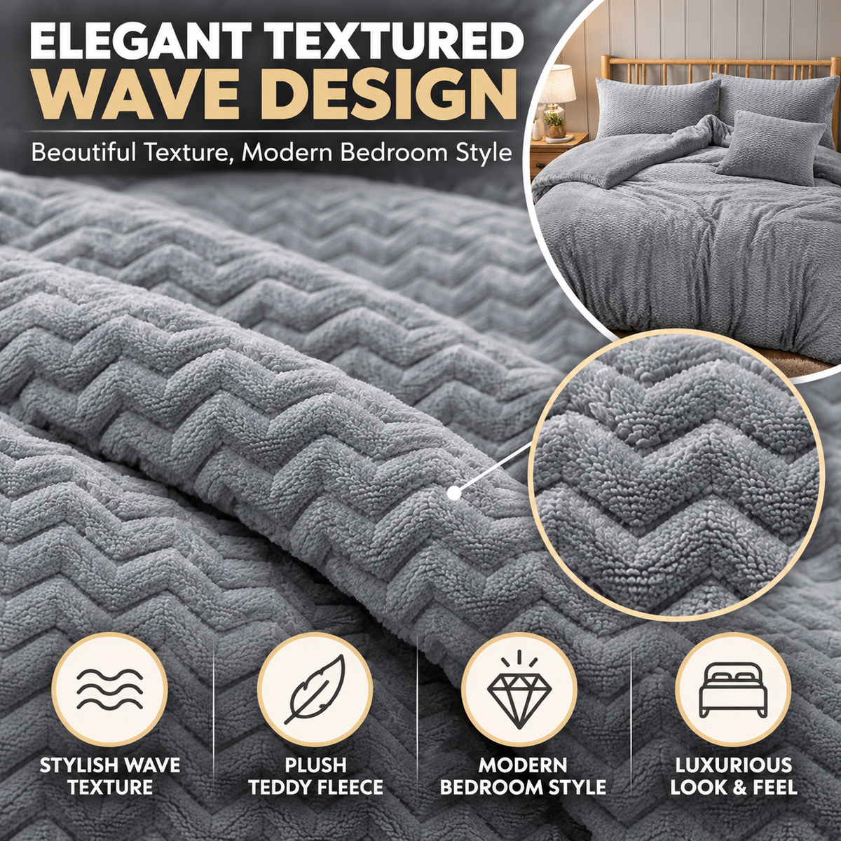 Teddy Fleece Waves Duvet Cover Set with Matching Cushion Covers | Night Zone