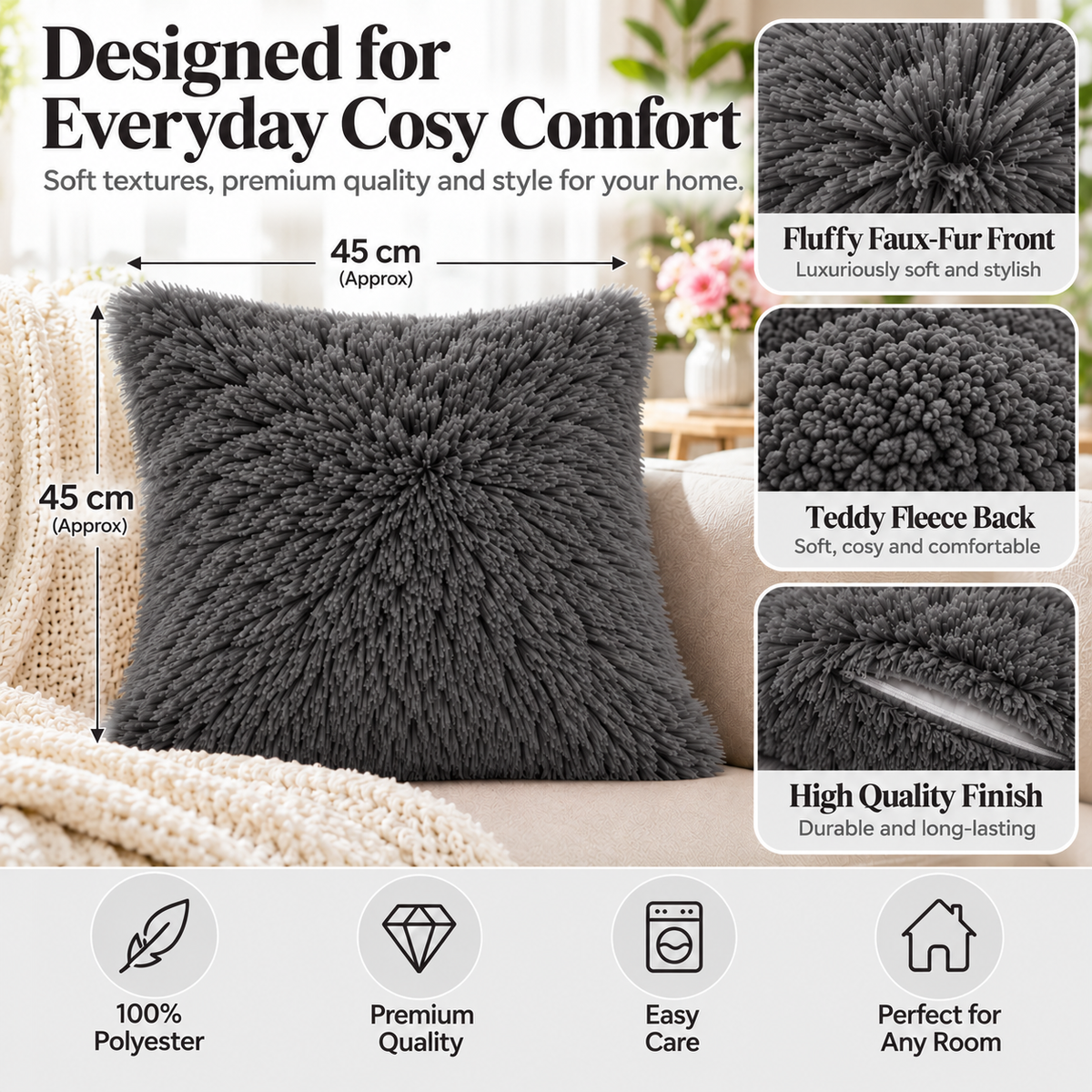 Teddy Hug Fleece Cushion Cover – Soft Fluffy Snug Cuddle Cushion Cover | Night Zone